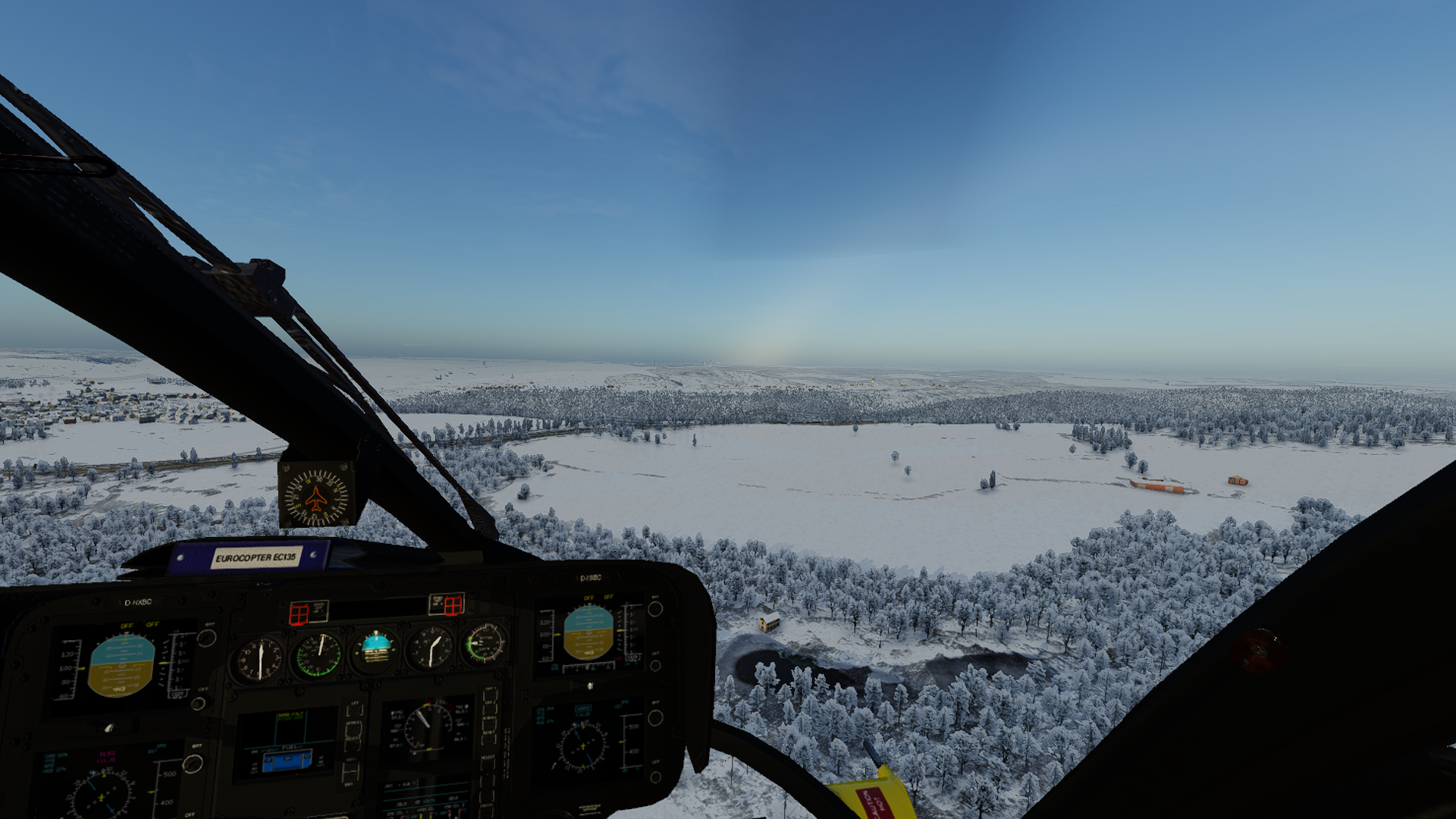 Cockpitsicht über einer verschneiten Landschaft